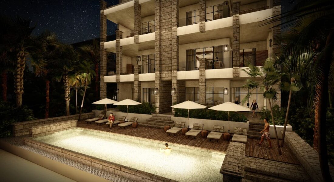 fachada-alberca-noche-lateral-cielo-maya-puerto-aventuras